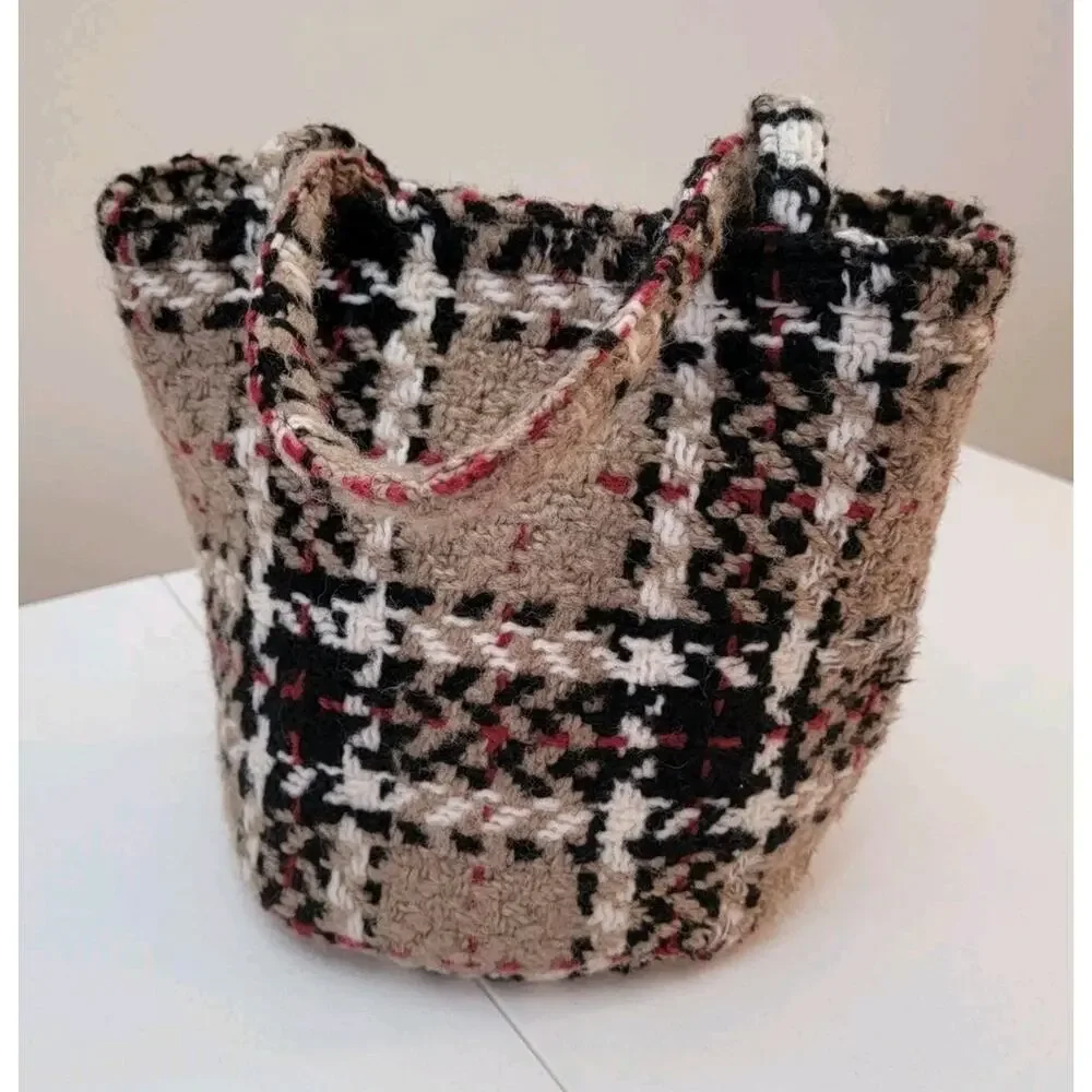 Branigan Weavers Ireland Woven Wool Tote Tan Black Red White Tartan Plaid Bag